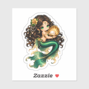 Cute Chibi Green Mermaid with Golden Pearl Seashel Sticker