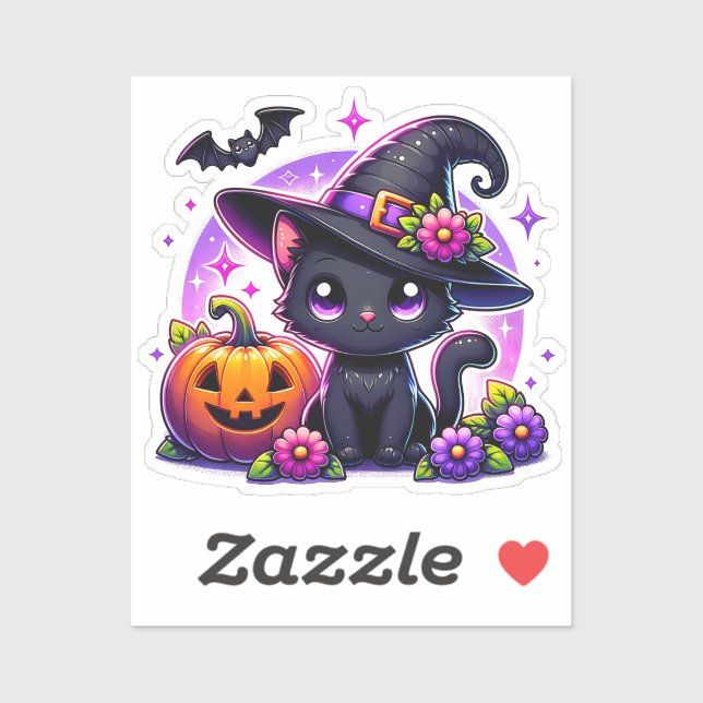 Cute Chibi Halloween Black Cat and Pumpkin Sticker (Sheet)