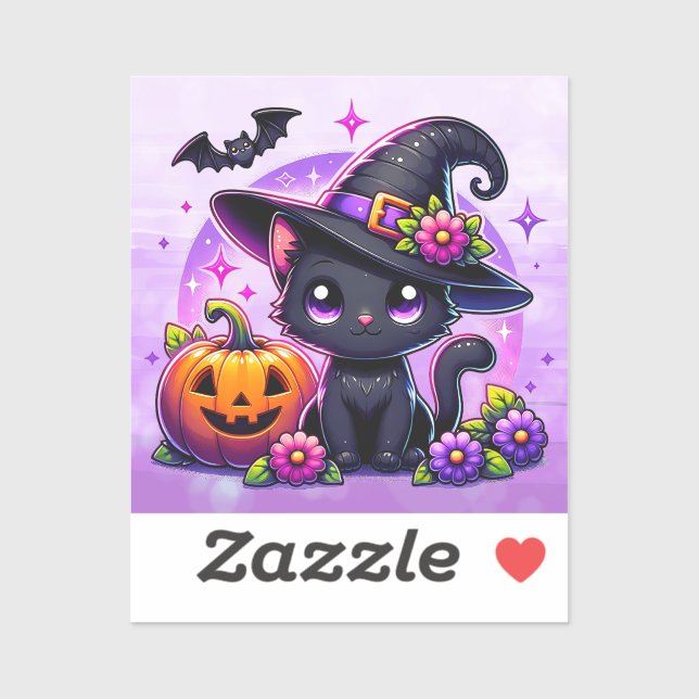 Cute Chibi Halloween Black Cat and Pumpkin Sticker (Sheet)