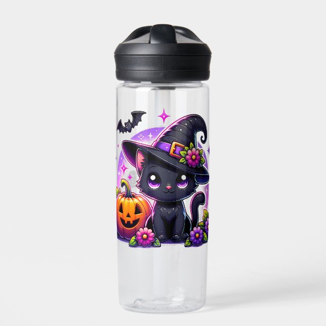 Cute Chibi Halloween Black Cat and Pumpkin Water Bottle (Front)