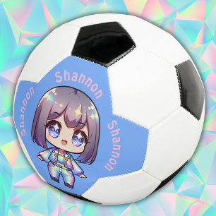 Cute Chibi Holographic Monogram on Blue Soccer Ball