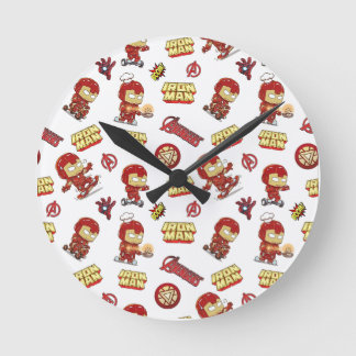Cute Chibi Iron Man Seamless Pattern - Superhero Round Clock
