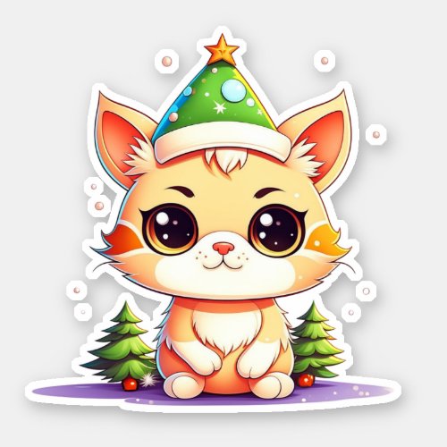 Cute Chibi Kawaii Cartoon Christmas Kitty Cat Sticker