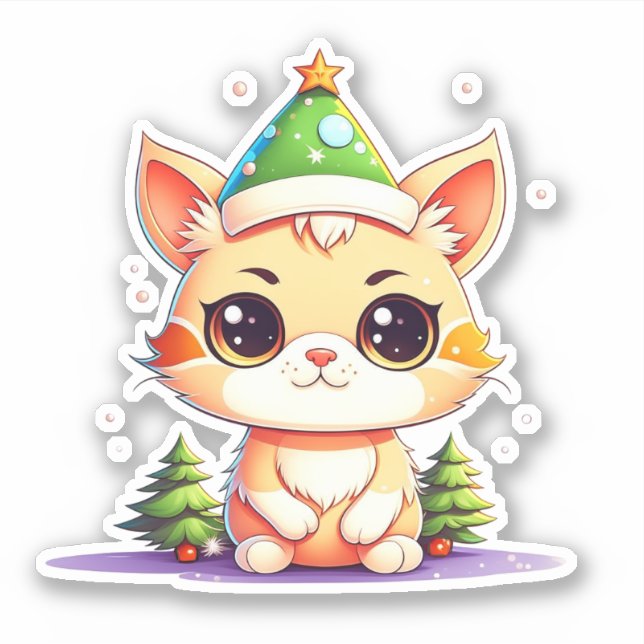 Cute Chibi Kawaii Cartoon Christmas Kitty Cat Sticker (Front)