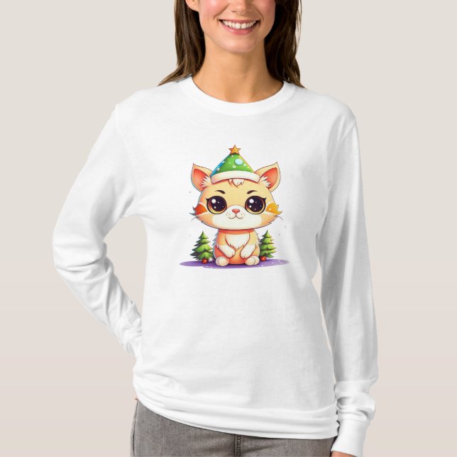 Cute Chibi Kawaii Cartoon Christmas Kitty Cat T-Shirt (Front)