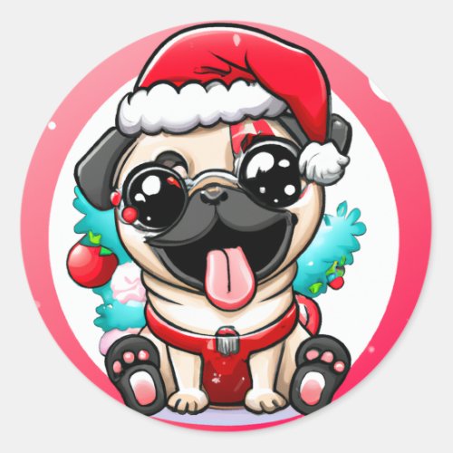 Cute Chibi Kawaii Dog Pug Christmas Sticker