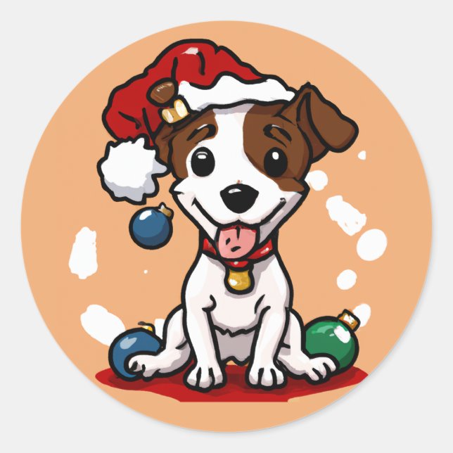 Cute Chibi Kawaii Jack Russell Terrier Christmas Classic Round Sticker (Front)