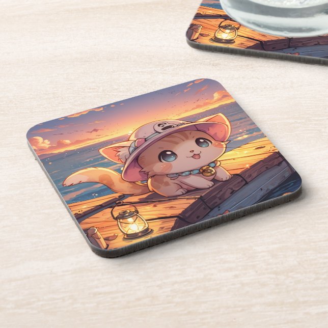 Cute Chibi Kitten at the Harbor Sunset – Whimsical Beverage Coaster (Left Side)