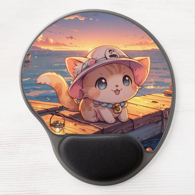 Cute Chibi Kitten at the Harbor Sunset – Whimsical Gel Mouse Pad (Front)