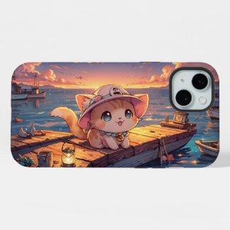 Cute Chibi Kitten at the Harbor Sunset – Whimsical iPhone 15 Plus Case