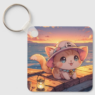 Cute Chibi Kitten at the Harbor Sunset – Whimsical Keychain