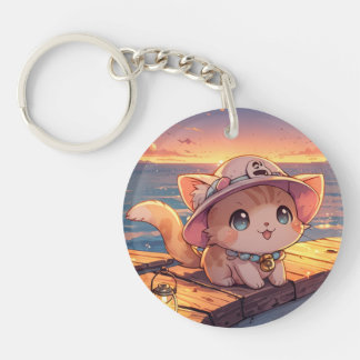 Cute Chibi Kitten at the Harbor Sunset – Whimsical Keychain