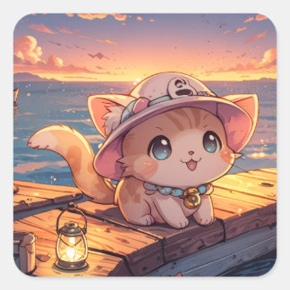 Cute Chibi Kitten at the Harbor Sunset – Whimsical Square Sticker