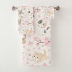Cute Chibi Kittens and Cherry Blossoms Bath Towel Set