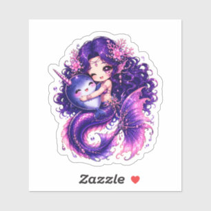 Cute Chibi Mermaid Hugging Baby Narwhal Sticker