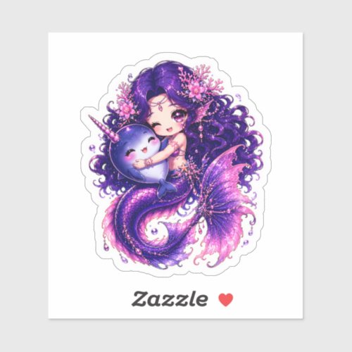 Cute Chibi Mermaid Hugging Baby Narwhal Sticker