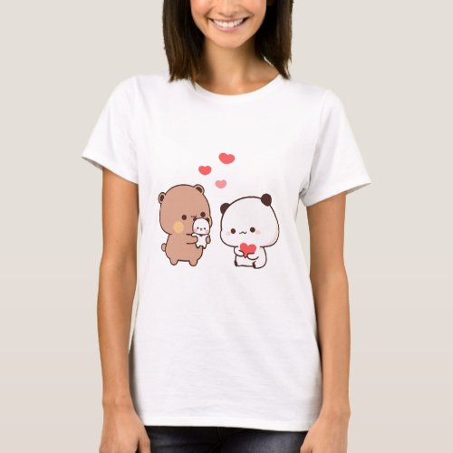 Cute chibi panda bear milk and mocha heart love T_Shirt