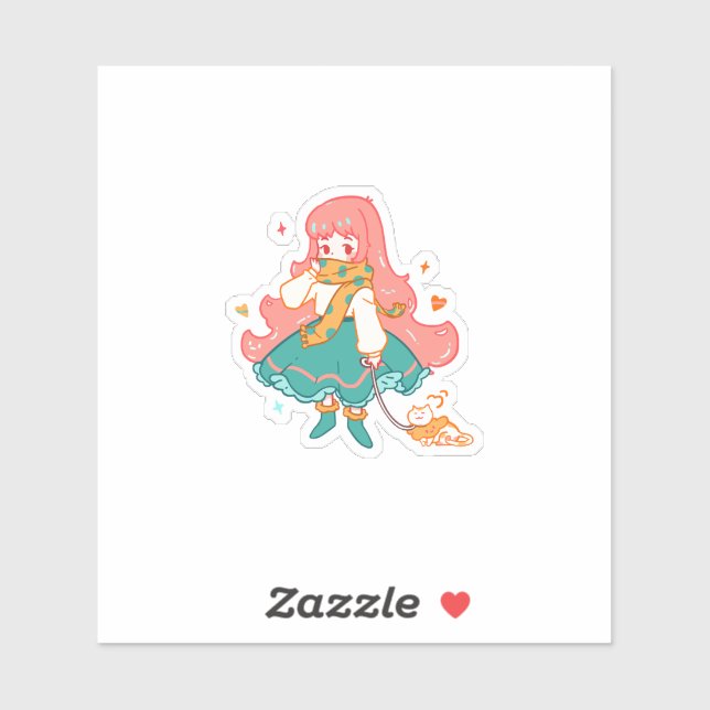 Cute Chibi Pastel Anime Girl with Cat Vinyl  Sticker (Sheet)