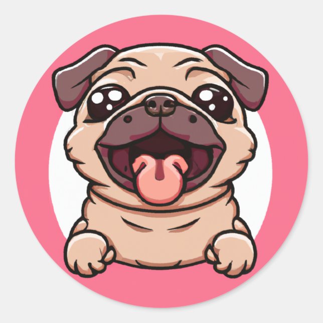 Cute Chibi Pug Busting Out Through Hole Classic Round Sticker (Front)