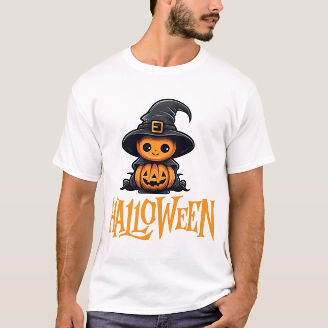 Cute Chibi Pumpkin Witch Hat Halloween Graphic T-Shirt (Front)