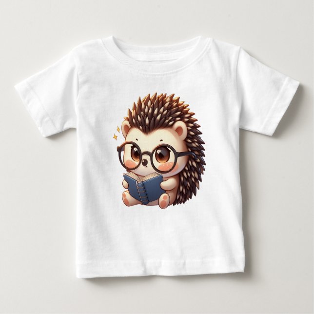 Cute Chibi Reading Hedgehog Baby T-Shirt (Front)