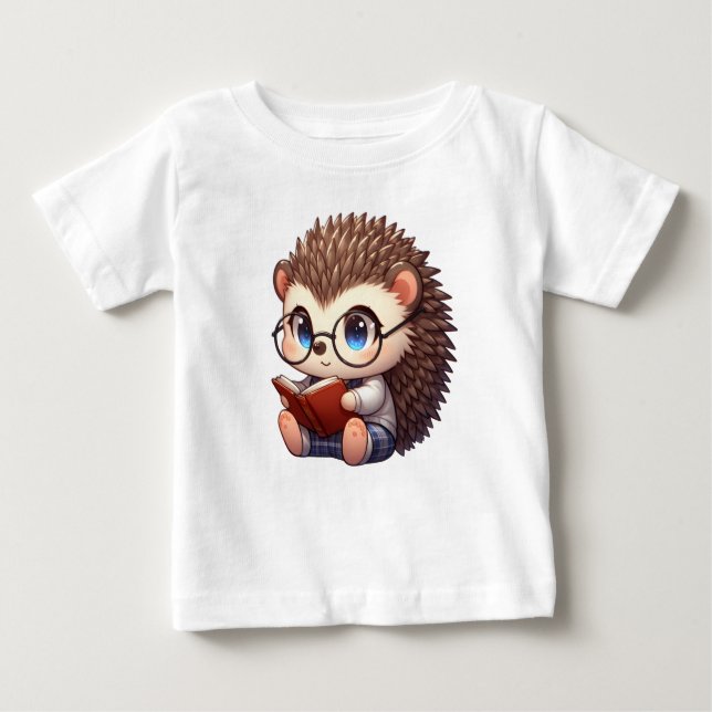 Cute Chibi Reading Hedgehog Baby T-Shirt (Front)