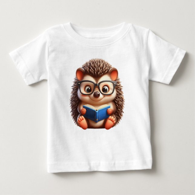 Cute Chibi Reading Hedgehog Baby T-Shirt (Front)