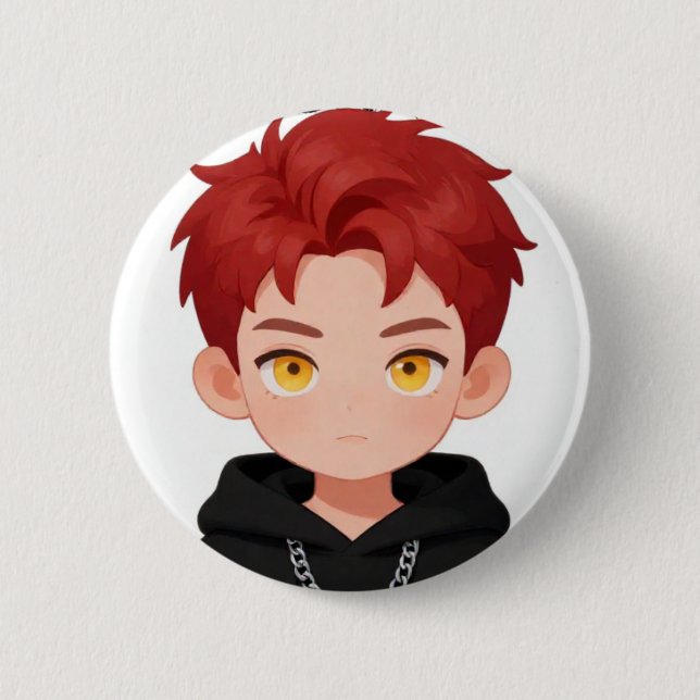 Cute Chibi Red Hair Boy Yellow Eyes Anime Accessor Button (Front)