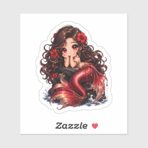 Cute Chibi Red Mermaid with Hibiscus Flowers Sticker