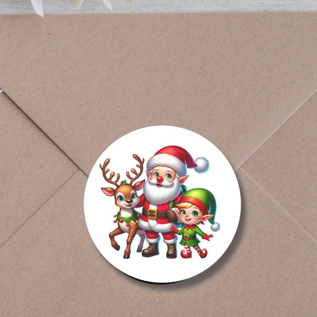 Cute Chibi Santa, Elf and Reindeer Christmas Classic Round Sticker (Creator Uploaded)