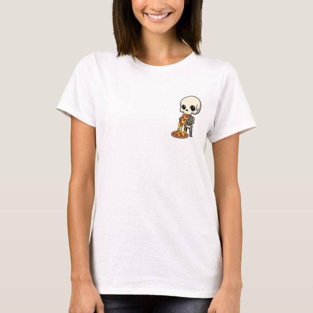 Cute Chibi Skeleton Devouring Cheesy Pepperoni T-Shirt (Front)