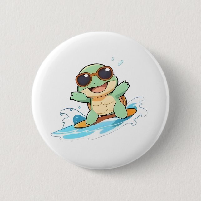 Cute Chibi Turtle Surfer Summer Beach Design Button (Front)