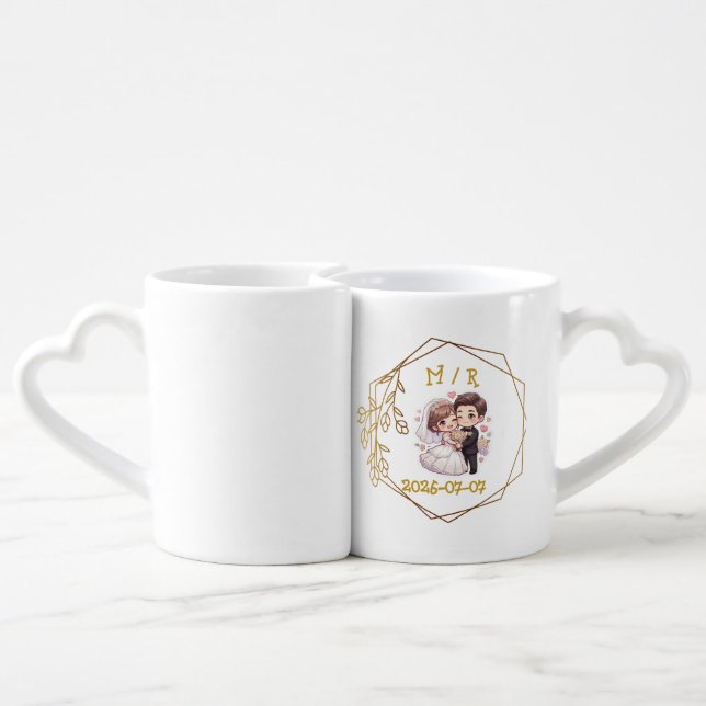 Cute Chibi Wedding Couple Sticker | Romantic Bride Coffee Mug Set (Back Nesting)
