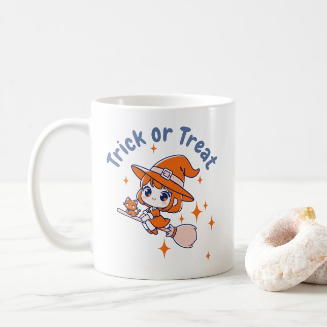 Cute Chibi Witch "Trick or Treat" Halloween Coffee Mug (With Donut)