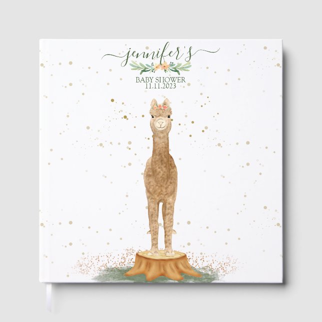 Cute Chic Animals Alpaca Baby Shower Guest Book (Front)