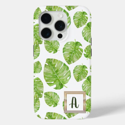 Cute Chic Banana Leaf Green Gold Monogram iPhone 15 Pro Case