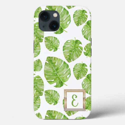 Cute Chic Banana Leaf Green Gold Monogram iPhone 13 Case