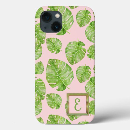 Cute Chic Banana Leaf Green Gold Pink Monogram iPhone 13 Case