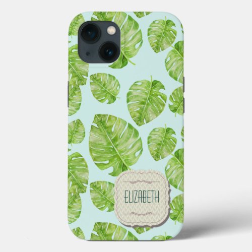 Cute Chic Banana Leaf Green White Name Mint iPhone 13 Case