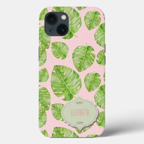 Cute Chic Banana Leaf Green White Name Pink iPhone 13 Case