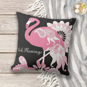 Cute Chic Black Paisley Pink Flamingo Throw Pillow