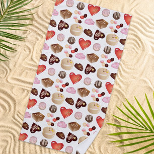 Cute Chic Colorful Chocolate Candy Heart Pattern Beach Towel