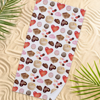 Cute Chic Colorful Chocolate Candy Heart Pattern Beach Towel