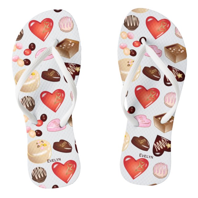 Cute Chic Colorful Chocolate Candy Heart Pattern Flip Flops (Footbed)