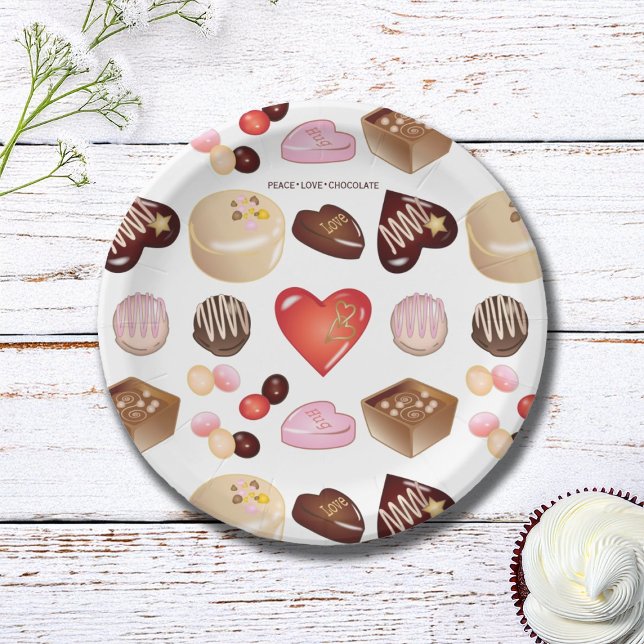 Cute Chic Colorful Chocolate Candy Heart Pattern Paper Plates (Creator Uploaded)