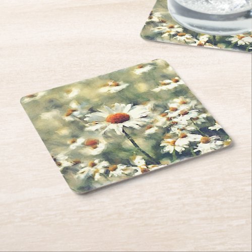 Cute Chic Colorful Summer Daisies Flower Pattern Square Paper Coaster
