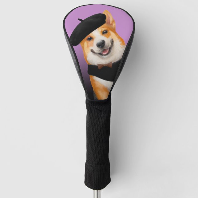 Cute Chic Corgi Dog Wearing Beret & Bandana Golf Head Cover (Front)