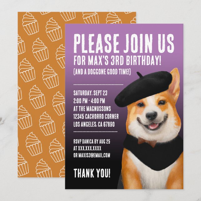 Cute Chic Corgi Dog Wearing Beret & Bandana Invitation (Front/Back)
