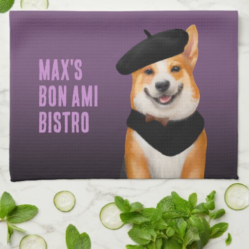 Cute Chic Corgi Dog Wearing Beret  Bandana Kitchen Towel