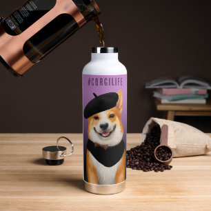 Cute Chic Corgi Dog Wearing Beret & Bandana Water Bottle